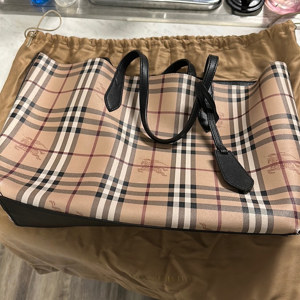 Burberry Reversible Check Leather Haymarket Tote